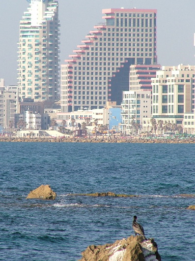 Isroteltower (links), Operatower (mitte), Vogel auf Stein (vorne), von Jaffa aus gesehen